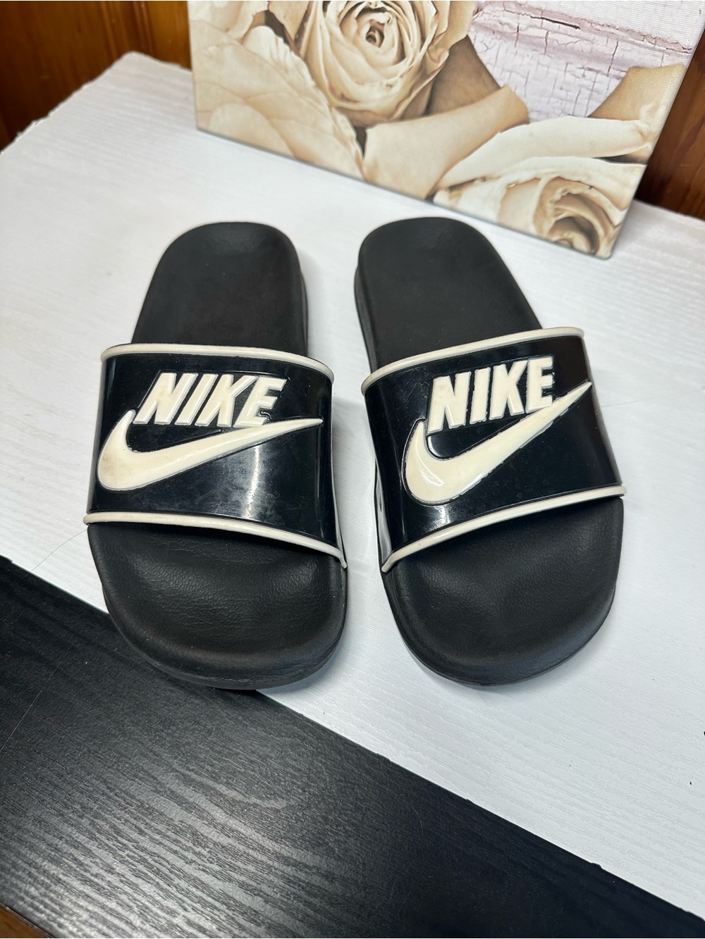 Nike Black and White Slide Sandals with Cream Logo